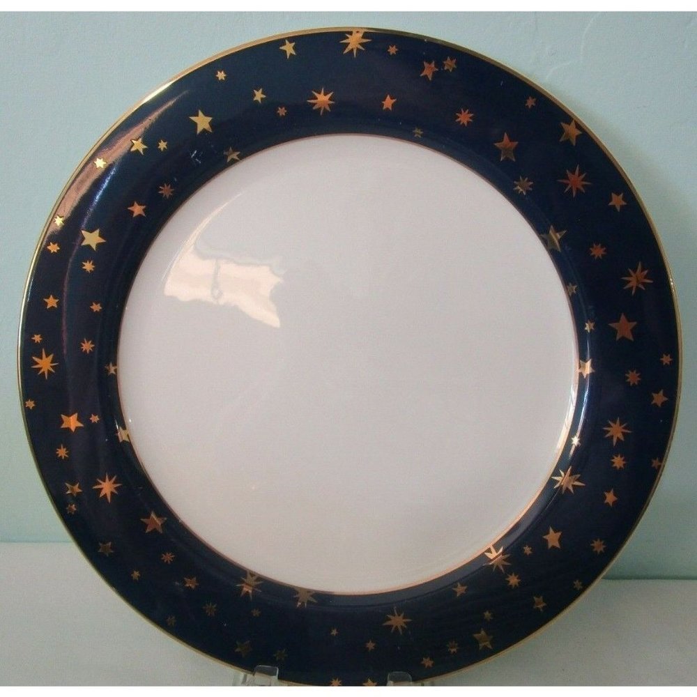Galaxy by Sakura Dinner Plate 14kt Gold Stars on Dark Blue Fine Porcelain EUC